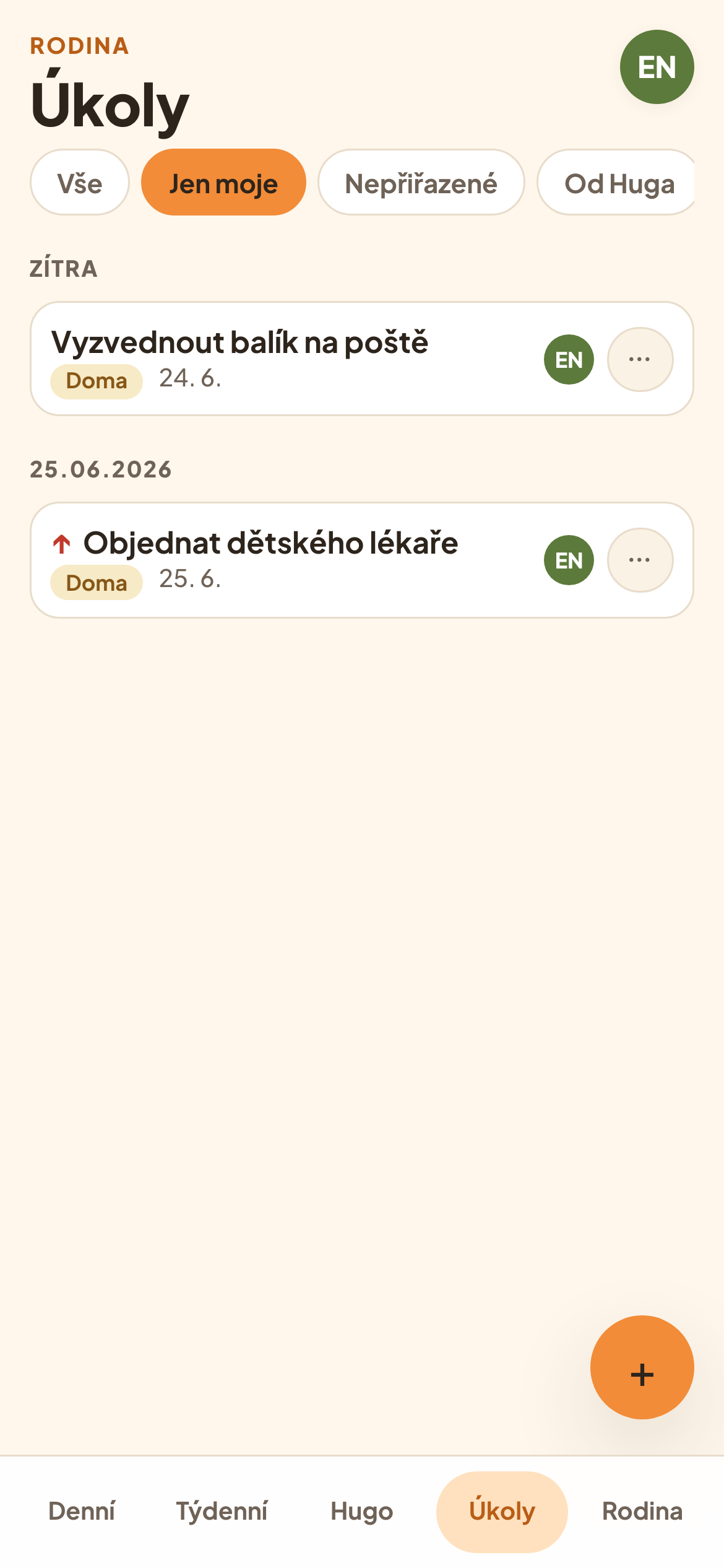Rodinné úkoly HugoFamily přiřazené členům rodiny